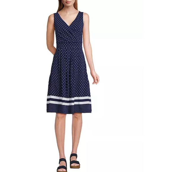 Lands' End Fit & Flare Dress Women's‎ L 14-16 Navy Blue Polka Dot Nautical - Picture 1 of 8